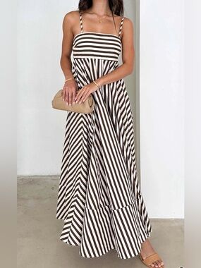 Commense Brown and White Striped Strapless Maxi Dress